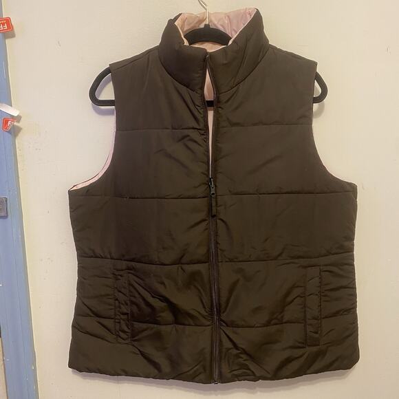Merona Women XXL Reversible Puffer Vest Brown Pink Pockets FullZip Lightweight - Picture 7 of 9